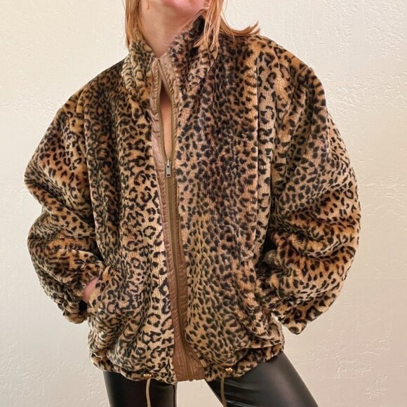 Vintage 1980s/90s Reversible Cheetah Gold Metallic Oversized Zip Up Jacket - Picture 3 of 8